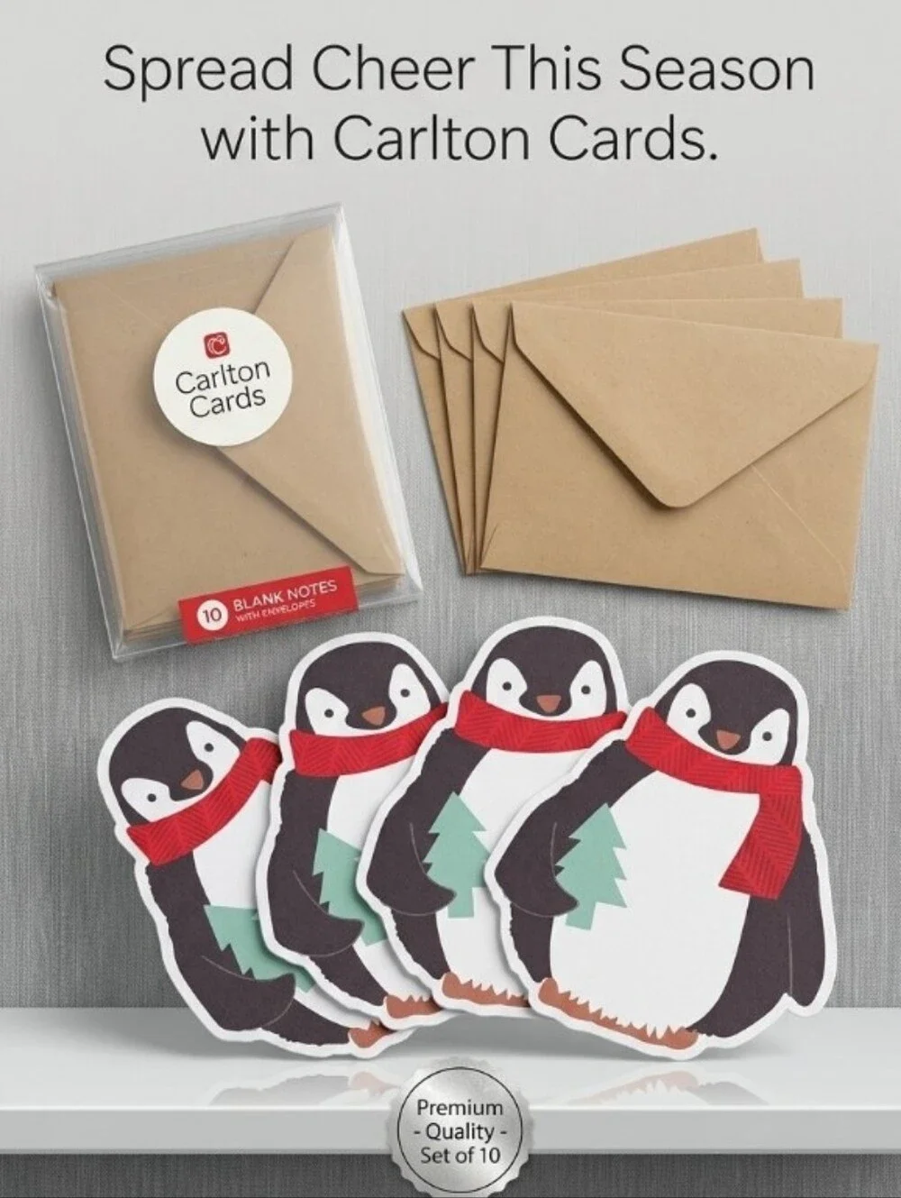 Carlton Cards Brown Kraft Envelopes with Penguin Holiday Notes (Set of 10)